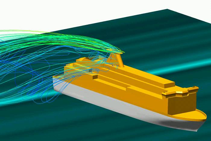 Aerodynamik-Simulation an einem Fahrgastschiff.