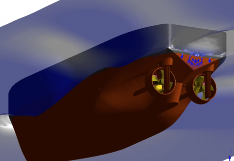 Simulation eines Schleppers mit rotierendem Propeller und freier Wasseroberfläche.